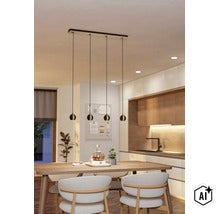 Moderne hanglamp met vier bolvormige lichtpunten boven een eettafel in een open woonkeuken (Image AI modified or generated)