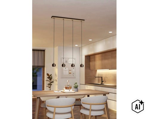 Moderne hanglamp met vier bolvormige lichtpunten boven een eettafel in een open woonkeuken (Image AI modified or generated)