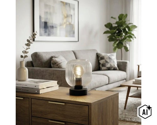Moderne tafellamp met geribbelde glazen kap op een dressoir in een gezellig ingerichte woonkamer met bank en planten. (Image AI modified or generated)