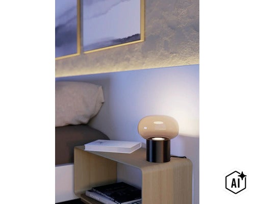 Moderne paddestoellamp op een nachtkastje in de slaapkamer met indirecte verlichting en boeken (Image AI modified or generated)