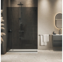 Moderne inloopdouche met donkere glazen douchewand en regendouche in een elegante badkamer met tegels en wastafelmeubel.