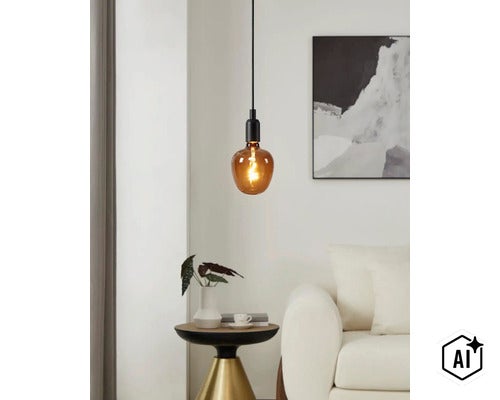 Moderne hanglamp met barnsteenkleurige glazen lichtbron in een elegante woonkamer met bijzettafel en kunstwerk aan de muur (Image AI modified or generated)