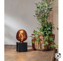 Tafellamp met glazen lichtbron op een geribbelde voet naast een groene plant in een draadmand op een rustieke houten tafel. (Image AI modified or generated)