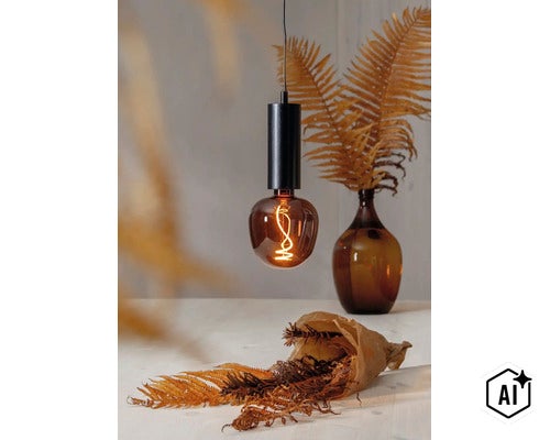 Moderne hanglamp met cilindrische houder en getinte glazen bol inclusief oplichtende led filament lichtbron. (Image AI modified or generated)