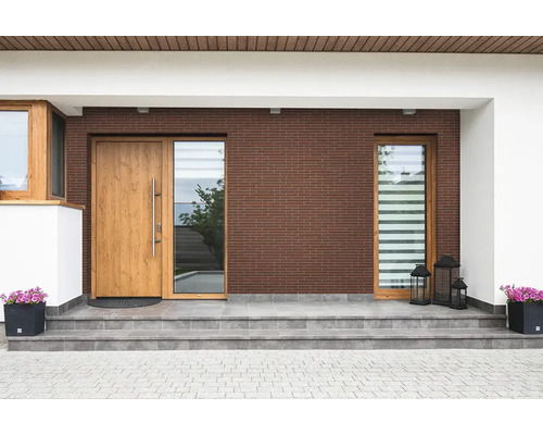 Moderne woningentree met bruine baksteengevel, houten deur, zijlicht en grijze tegelstappen, aangekleed met plantenbakken.