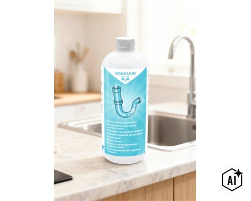 Rakkuun ontstoppingsgel voor keuken en badkamer in een fles op een keukenblad voor een spoelbak. (Image AI modified or generated)