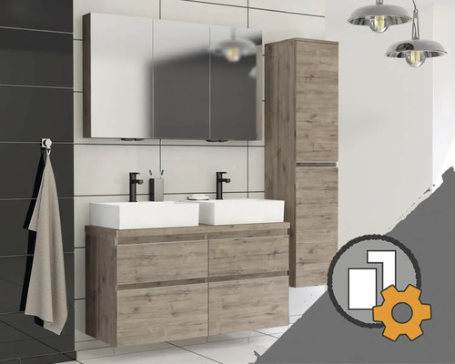 Moderne badkamermeubelset met dubbele wastafel, spiegelkast en hoge kast in houtlook voor betegelde muren.