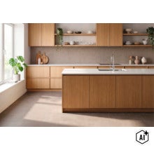 Moderne inbouwkeuken met lichte houten fronten, kookeiland, wit werkblad en open planken in een lichte en ruime kamer. (Image AI modified or generated)
