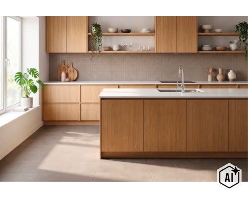 Moderne inbouwkeuken met lichte houten fronten, kookeiland, wit werkblad en open planken in een lichte en ruime kamer. (Image AI modified or generated)