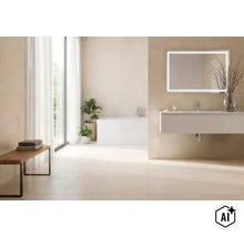 Moderne badkamer met ligbad, wandhangend badmeubel, LED spiegel, houten bankje en lichte tegels in een heldere en ruimtelijke sfeer. (Image AI modified or generated)