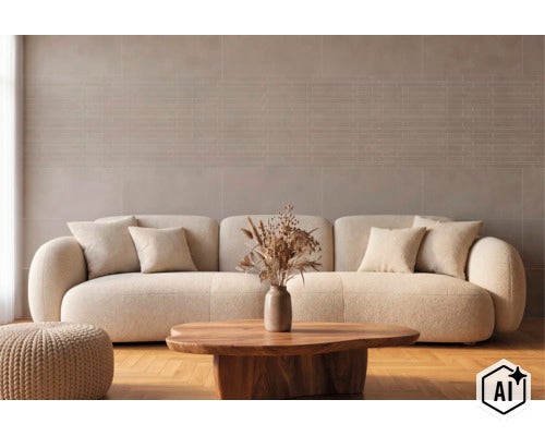 Woonkamer met beige bank en houten salontafel voor een muur met grootformaat tegels in baksteen design (Image AI modified or generated)