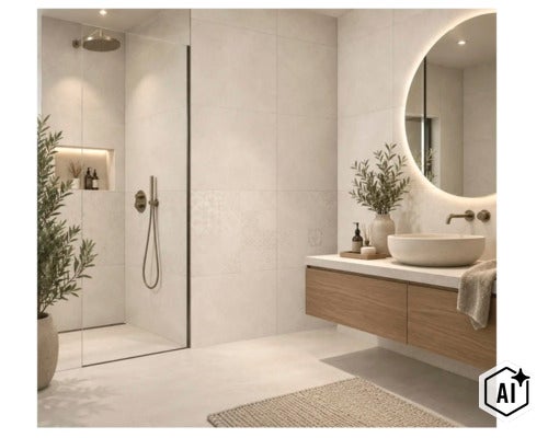 Moderne badkamer met inloopdouche van glas, hangend houten badmeubel en ronde verlichte spiegel in een lichte en sfeervolle inrichting. (Image AI modified or generated)