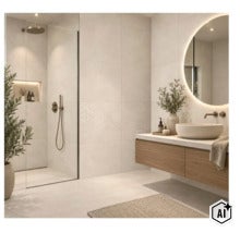 Moderne badkamer met inloopdouche van glas, hangend houten badmeubel en ronde verlichte spiegel in een lichte en sfeervolle inrichting. (Image AI modified or generated)