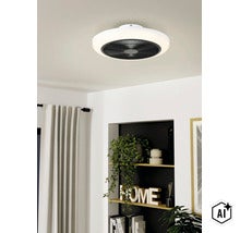 Ronde LED plafondventilator met geïntegreerde verlichting in een modern ontwerp gemonteerd aan een plafond in een woonkamer. (Image AI modified or generated)