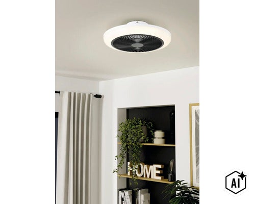 Ronde LED plafondventilator met geïntegreerde verlichting in een modern ontwerp gemonteerd aan een plafond in een woonkamer. (Image AI modified or generated)