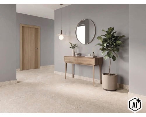 Moderne hal met beige tegels in steenlook, een houten console, een ronde wandspiegel, een hanglamp en een kamerplant. (Image AI modified or generated)