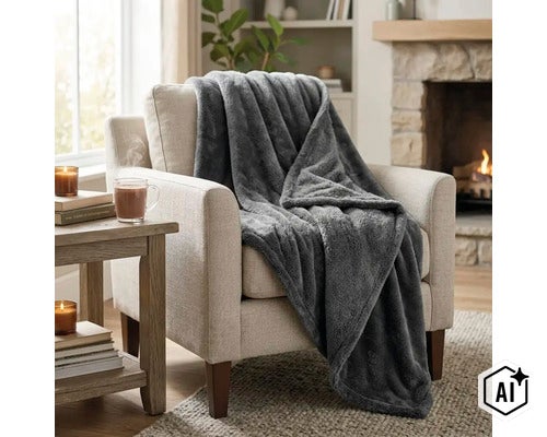 Een zachte fleece deken gedrapeerd over een fauteuil in een gezellige woonkamer met open haard. (Image AI modified or generated)