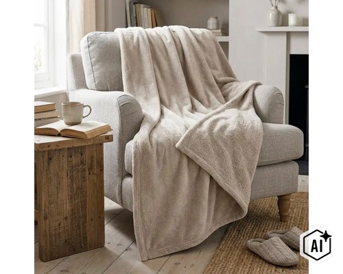 Een zachte woondeken ligt decoratief over een gestoffeerde fauteuil in een gezellig ingerichte woonkamer. (Image AI modified or generated)