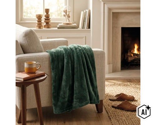 Een zachte woondeken op een fauteuil in een gezellige woonkamer met open haard. (Image AI modified or generated)