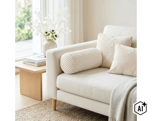 Een lichte bank met een ribfluwelen nekkussen, sierkussens en een sprei in een modern ingerichte woonkamer met bijzettafel en bloemenvaas. (Image AI modified or generated)