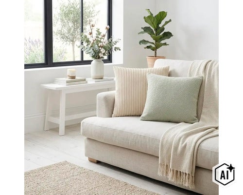Lichte woonkamer met bank, gestructureerde sierkussens, plaid, bijzettafel met bloemenvaas en kamerplant in een modern interieur. (Image AI modified or generated)