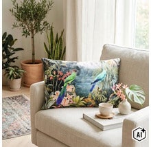 Sierkussen met jungle motief en vogels op een fauteuil in een lichte woonkamer met kamerplanten en decoratie. (Image AI modified or generated)
