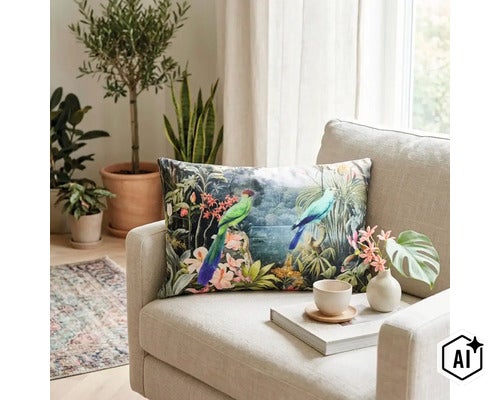 Sierkussen met jungle motief en vogels op een fauteuil in een lichte woonkamer met kamerplanten en decoratie. (Image AI modified or generated)