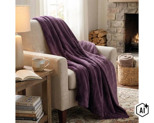 Een zachte plaid ligt gedrapeerd over een gestoffeerde fauteuil in een woonkamer met open haard. (Image AI modified or generated)