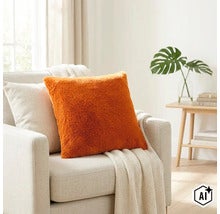 Pluizig sierkussen op een fauteuil in een lichte woonkamer met deken en plant (Image AI modified or generated)