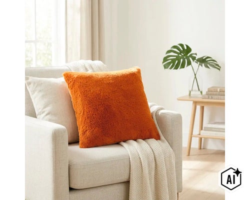 Pluizig sierkussen op een fauteuil in een lichte woonkamer met deken en plant (Image AI modified or generated)