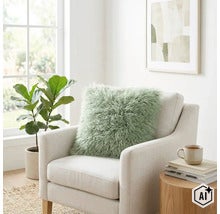 Een pluizig sierkussen met lange pool op een moderne fauteuil in een lichte en stijlvolle woonkamer. (Image AI modified or generated)