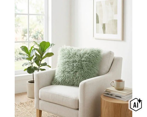 Een pluizig sierkussen met lange pool op een moderne fauteuil in een lichte en stijlvolle woonkamer. (Image AI modified or generated)