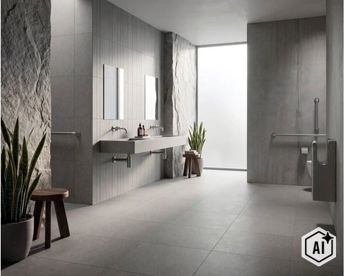 Modern toegankelijk badkamerontwerp met betonlook, dubbele wastafel, wandbeugels en een groot raam. (Image AI modified or generated)