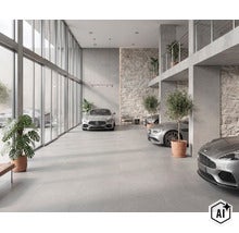 Moderne garagehal met grijze tegelvloer, natuurstenen muren, kamerhoge glasfronten en geparkeerde sportwagens in een luxueuze sfeer. (Image AI modified or generated)