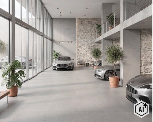 Moderne garagehal met grijze tegelvloer, natuurstenen muren, kamerhoge glasfronten en geparkeerde sportwagens in een luxueuze sfeer. (Image AI modified or generated)