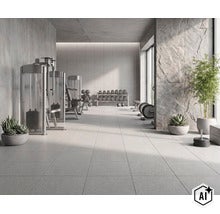 Moderne fitnessruimte met tegelvloer, krachtapparatuur en halterrek in een lichte, ruime kamer met natuurstenen elementen en planten. (Image AI modified or generated)