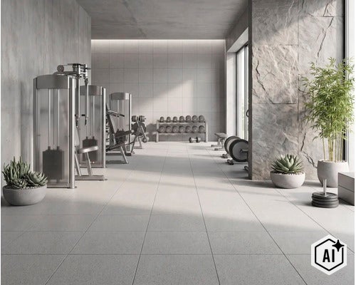Moderne fitnessruimte met tegelvloer, krachtapparatuur en halterrek in een lichte, ruime kamer met natuurstenen elementen en planten. (Image AI modified or generated)