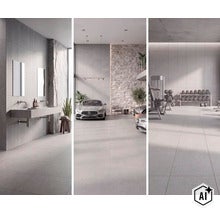 Moderne grijze tegels in een badkamer, garage en fitnessruimte voor een uniform ontwerpconcept. (Image AI modified or generated)