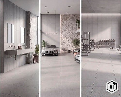 Moderne grijze tegels in een badkamer, garage en fitnessruimte voor een uniform ontwerpconcept. (Image AI modified or generated)