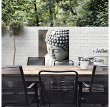 Tuin met tuintafel, tuinstoelen en tuindecoratie met boeddhamotief
