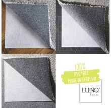 Meerdere antislipmatten voor tapijten op verschillende ondergronden, informatie over PVC-vrij en fabricage in Duitsland en LILENO Home logo