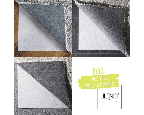 Meerdere antislipmatten voor tapijten op verschillende ondergronden, informatie over PVC-vrij en fabricage in Duitsland en LILENO Home logo