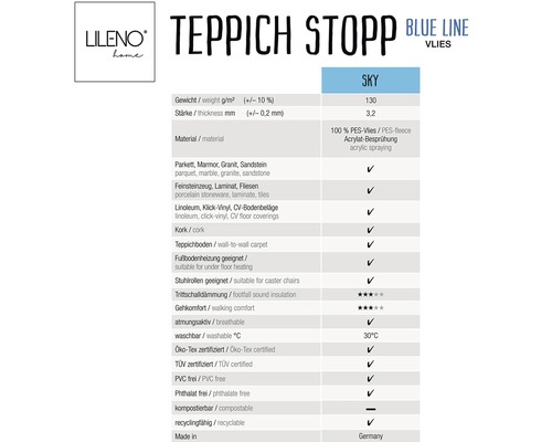 Productgegevensblad Teppichstopp Blue Line Vlies Sky met eigenschappen en keurmerken