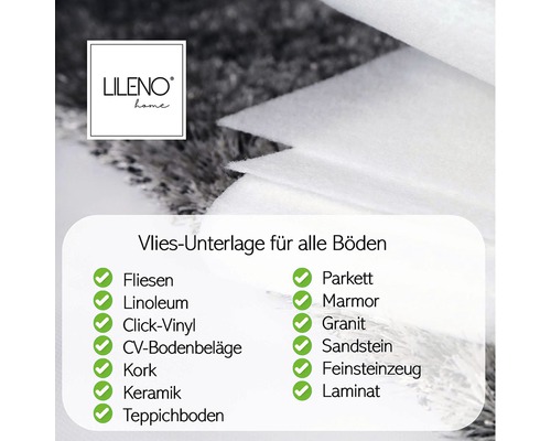 Lileno Home Logo. Vlies geschikt voor tegels, linoleum, clickvinyl, CV-vloerbedekking, kurk, keramiek, tapijt, parket, marmer, graniet, zandsteen, porcellanato en laminaat.