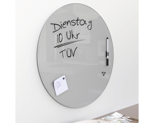 Rond glazen magnetisch memobord met notities en stift