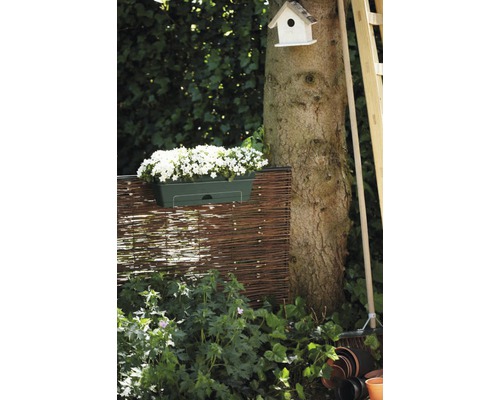 Tuinscene met gevlochten hek, beplante bloembak, boomstam en vogelhuisje