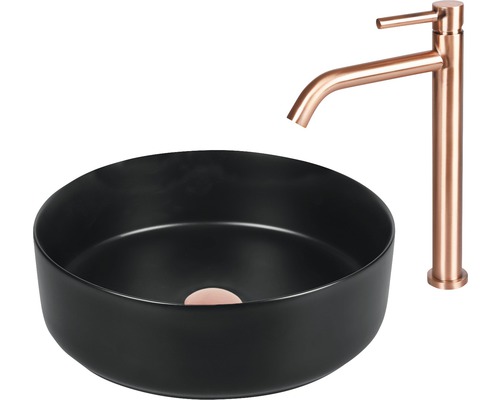 Zwarte opzetwastafel met kraan