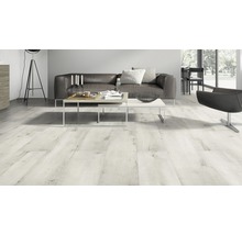 Woonkamer met laminaatvloer in houtlook, bank en tafel