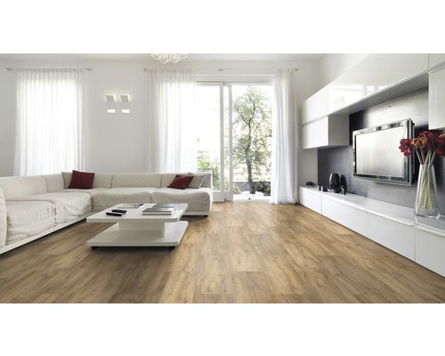 Lichte woonkamer met houten vloer, bank en televisie