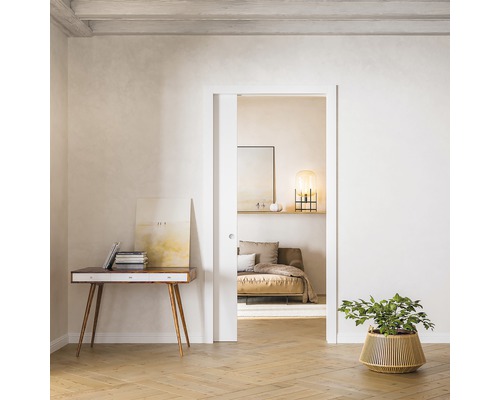Interieur met schuifdeur, console, plant en decoratie